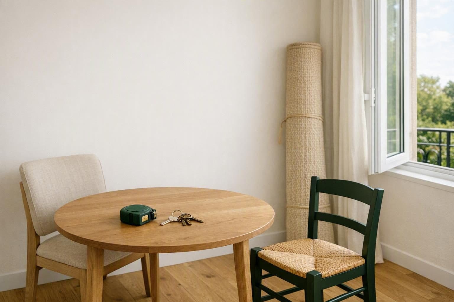 Séjour clair d'un appartement, table en chêne et fenêtre ouverte sur un jardin.