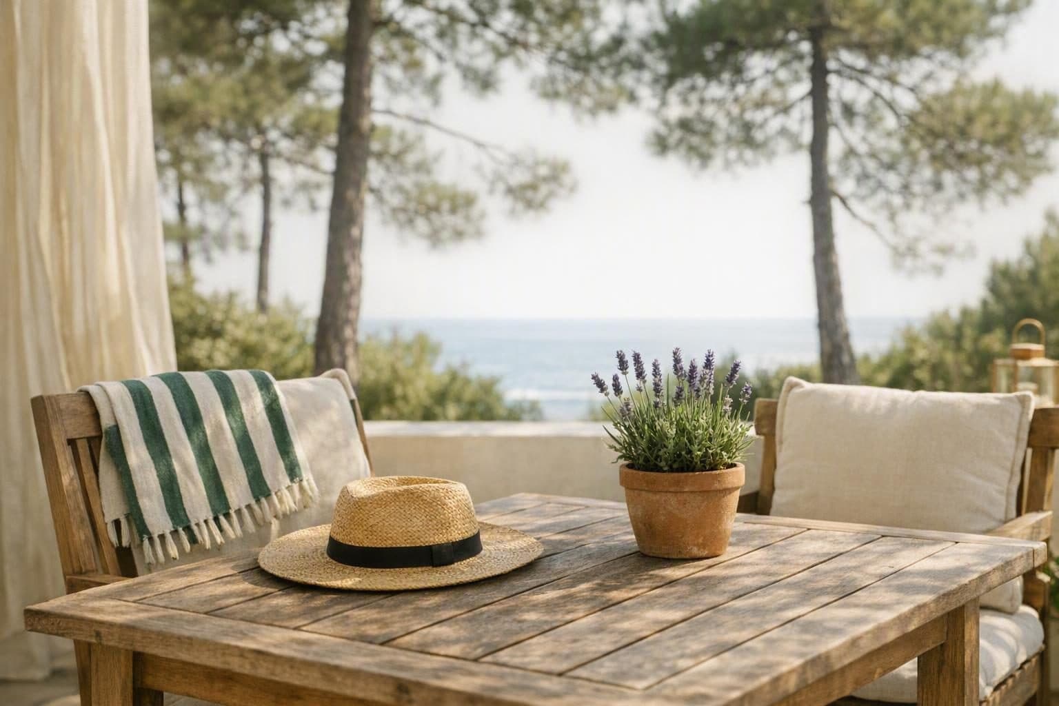 Terrasse en bois : table en teck patiné, chaises garnies de coussins en lin, chapeau de paille, lavande en pot et pins en arrière-plan.