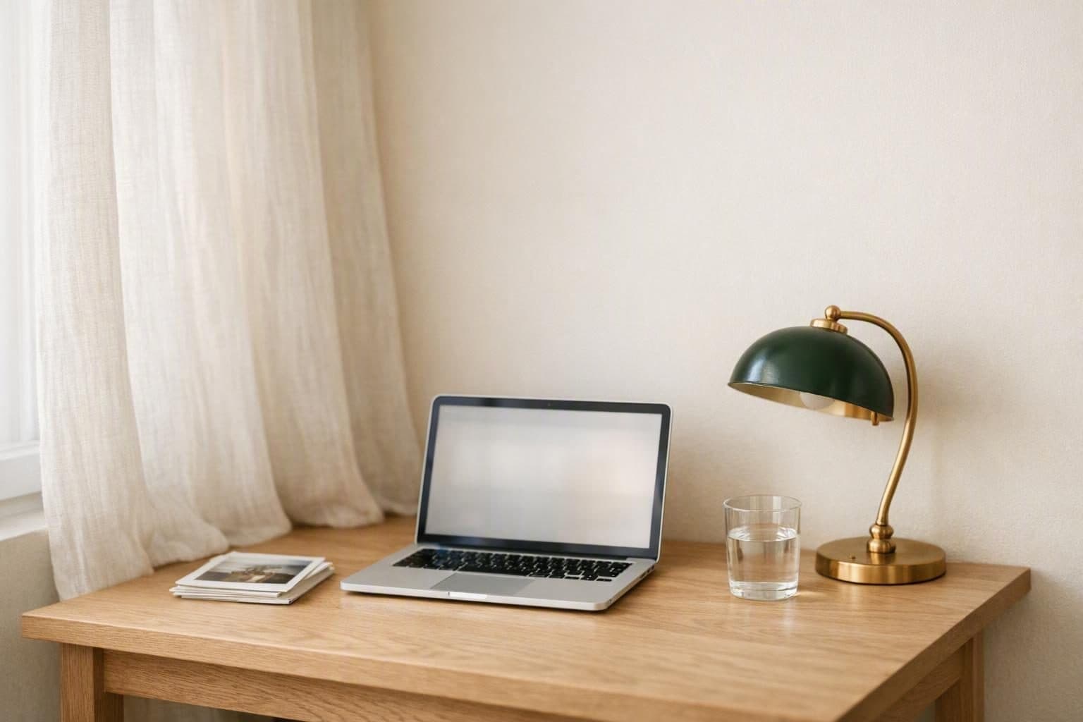 Illustration : bureau en bois clair avec ordinateur portable, tirages photo et lampe verte.