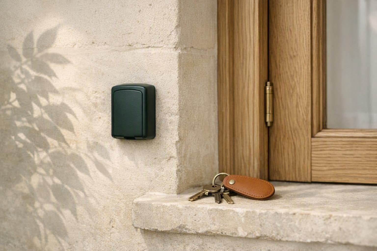 Illustration : boîte à clé verte près d’une porte en bois, trousseau posé sur le rebord.