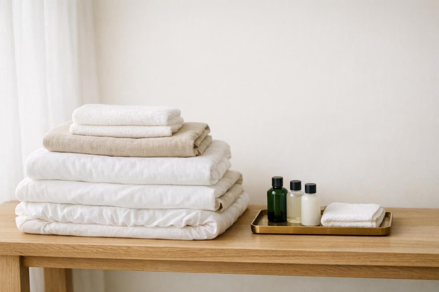 Illustration : linge blanc et écru plié, serviettes et petits flacons sur une console en bois.